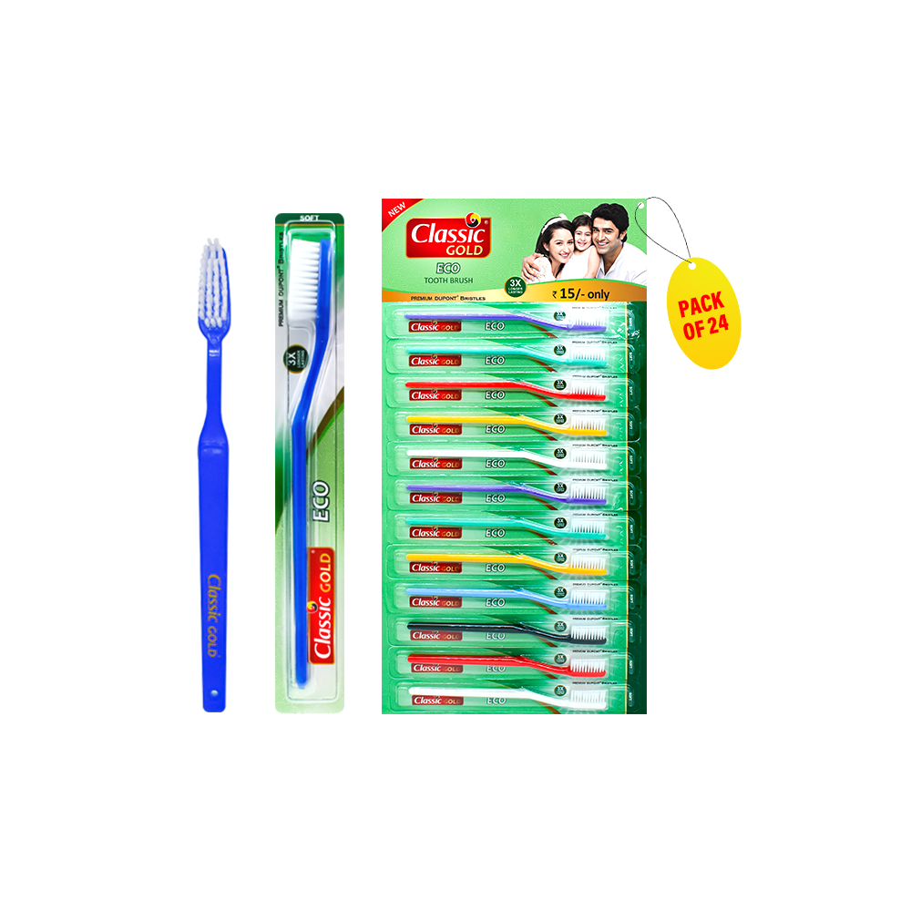 ClassicGold Eco Soft Toothbrush displayed in a hanger pack and individual pieces, with soft bristles, angular handle, available at an affordable price.