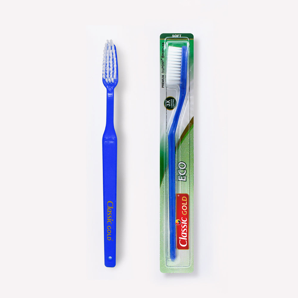 ClassicGold Eco Soft Toothbrush displayed individual brush and pack, featuring a soft bristle head, handle, and packaging.