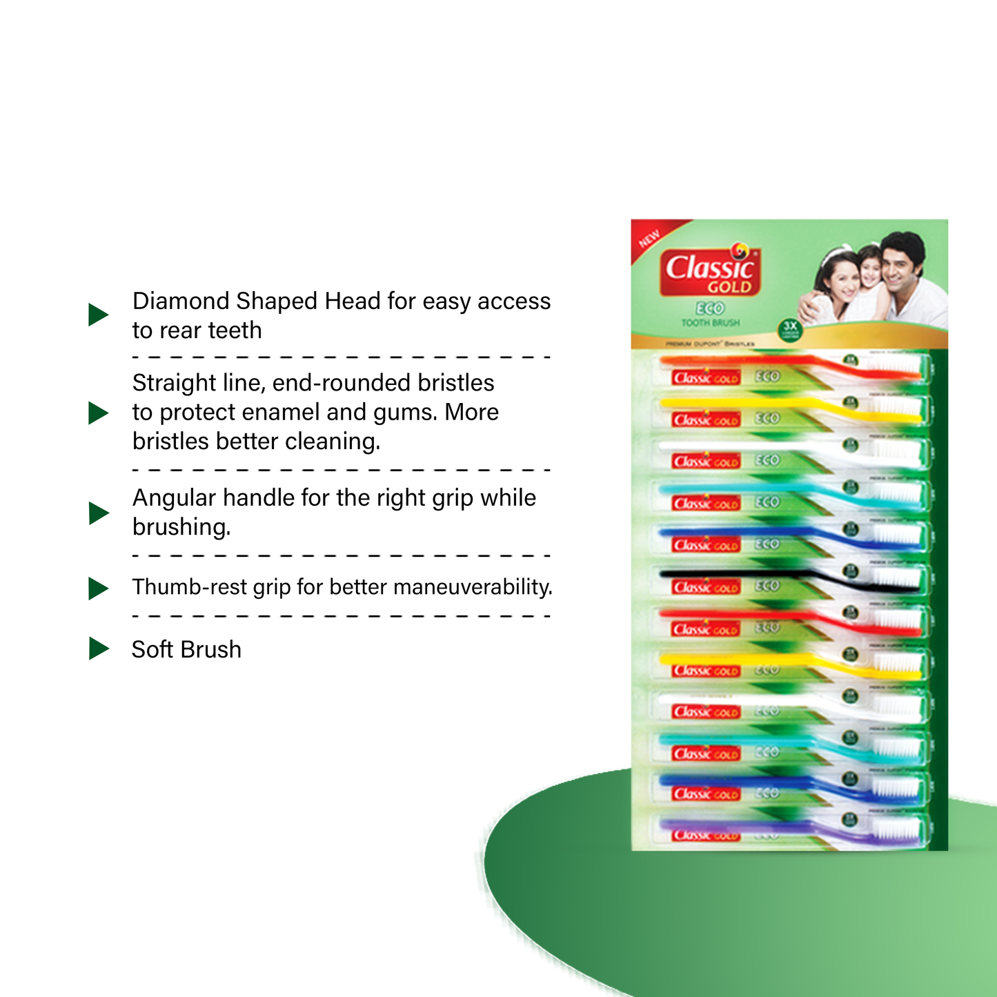 ClassicGold Eco Soft Toothbrush shown Dozen box , highlighting its diamond-shaped head, premium DuPont bristles, angular handle, and thumb-rest grip for improved maneuverability.