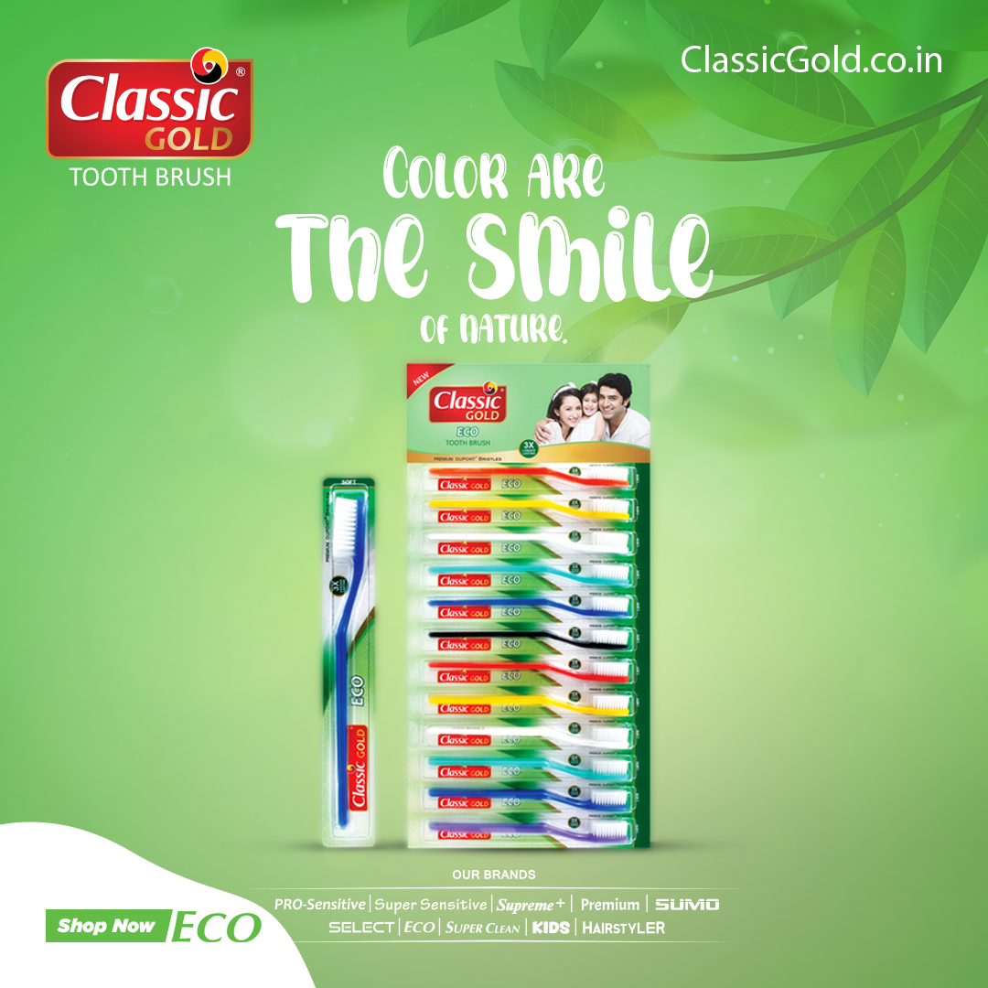 ClassicGold Eco Soft Toothbrush featured in a social media post, showcasing its eco-friendly handle, soft bristles, and sustainable packaging with a green, nature-inspired design.