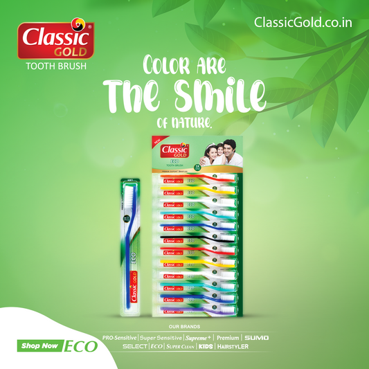 ClassicGold Eco Soft Toothbrush featured in a social media post, showcasing its eco-friendly handle, soft bristles, and sustainable packaging with a green, nature-inspired design.
