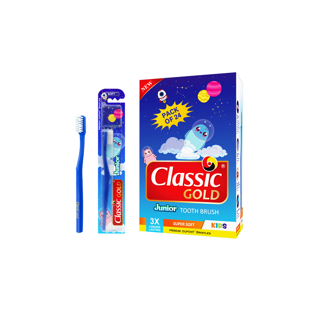 ClassicGold kids Junior Soft Toothbrush shown in a dozen box, a pack, and individual pieces: