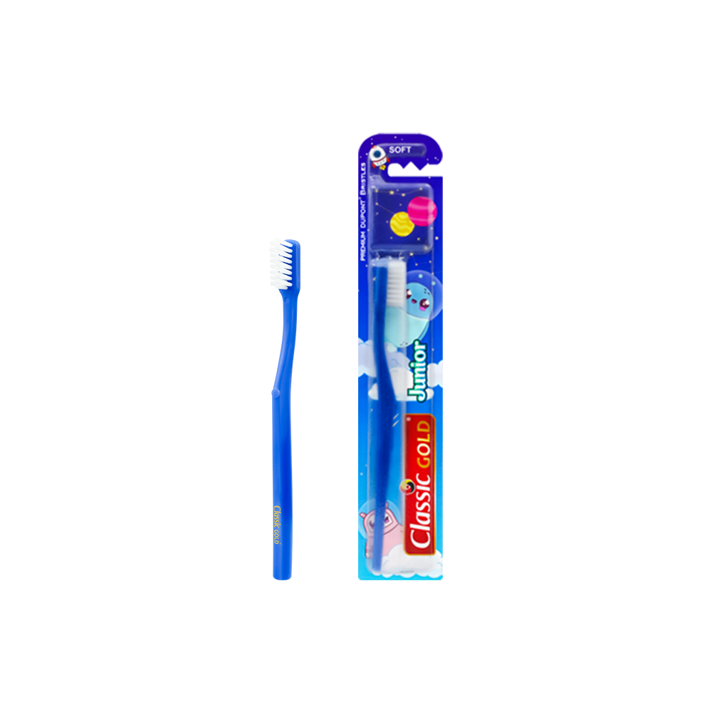 ClassicGold Kids Toothbrush Junior Soft shown individually and in packaging, featuring a colorful handle and soft bristles.