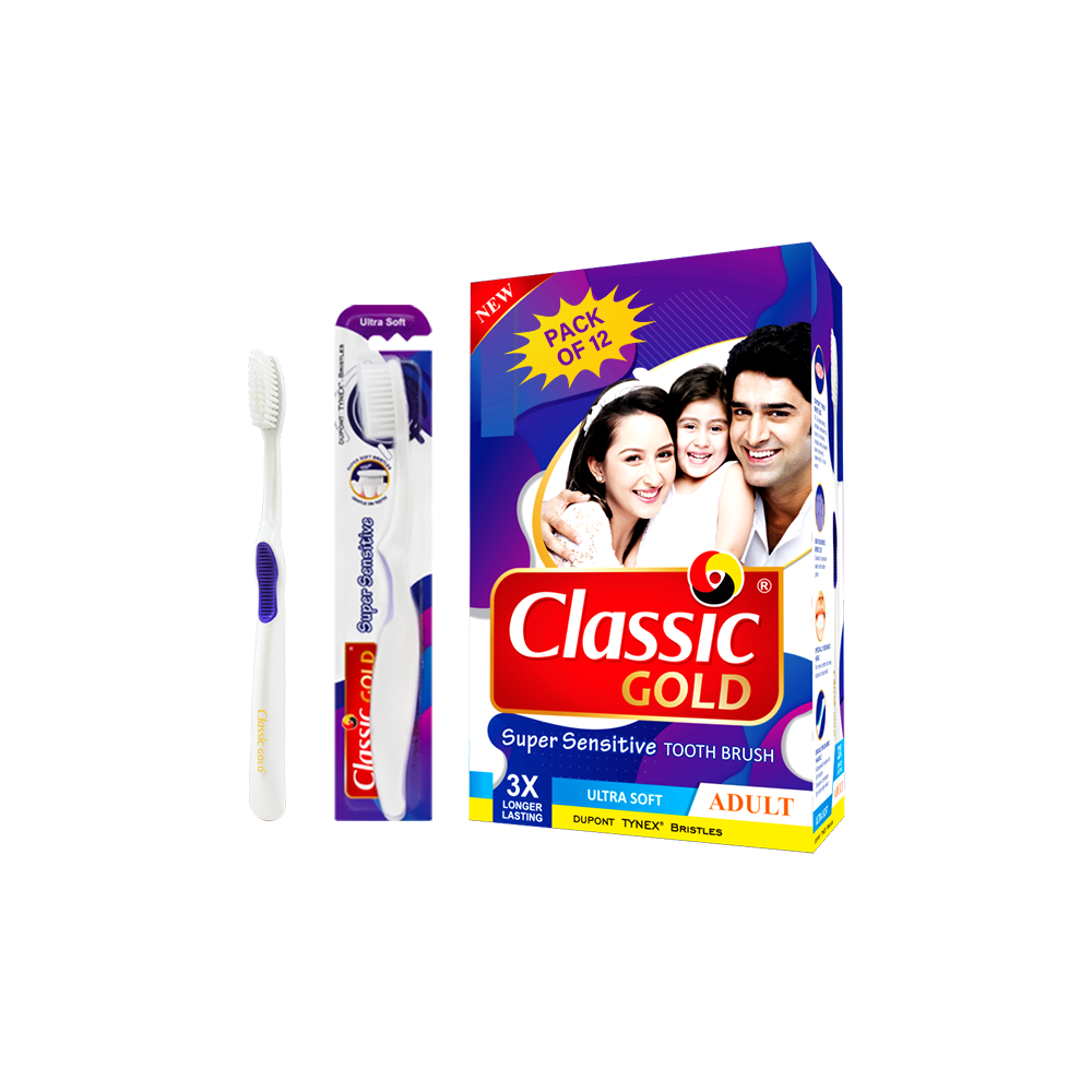 ClassicGold Sensitive Plus Ultra Soft toothbrushes shown in a dozen box, a pack, and as individual pieces.