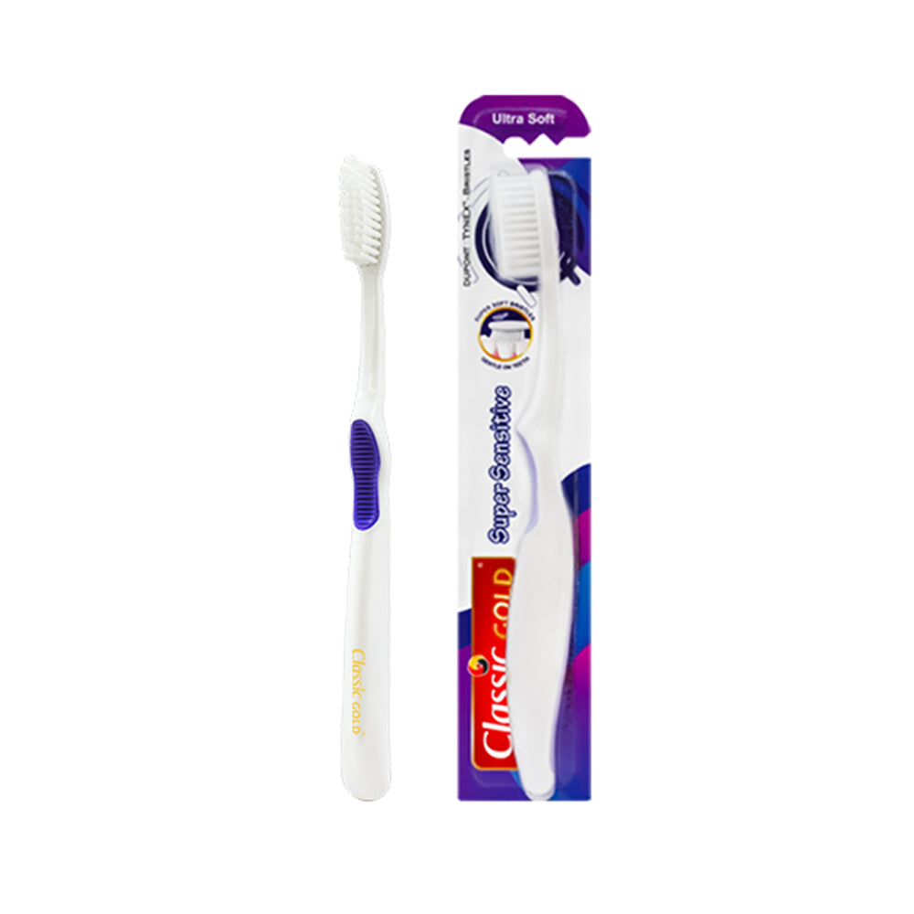 ClassicGold Sensitive Plus Ultra Soft toothbrushes displayed as individual pieces and in a pack.