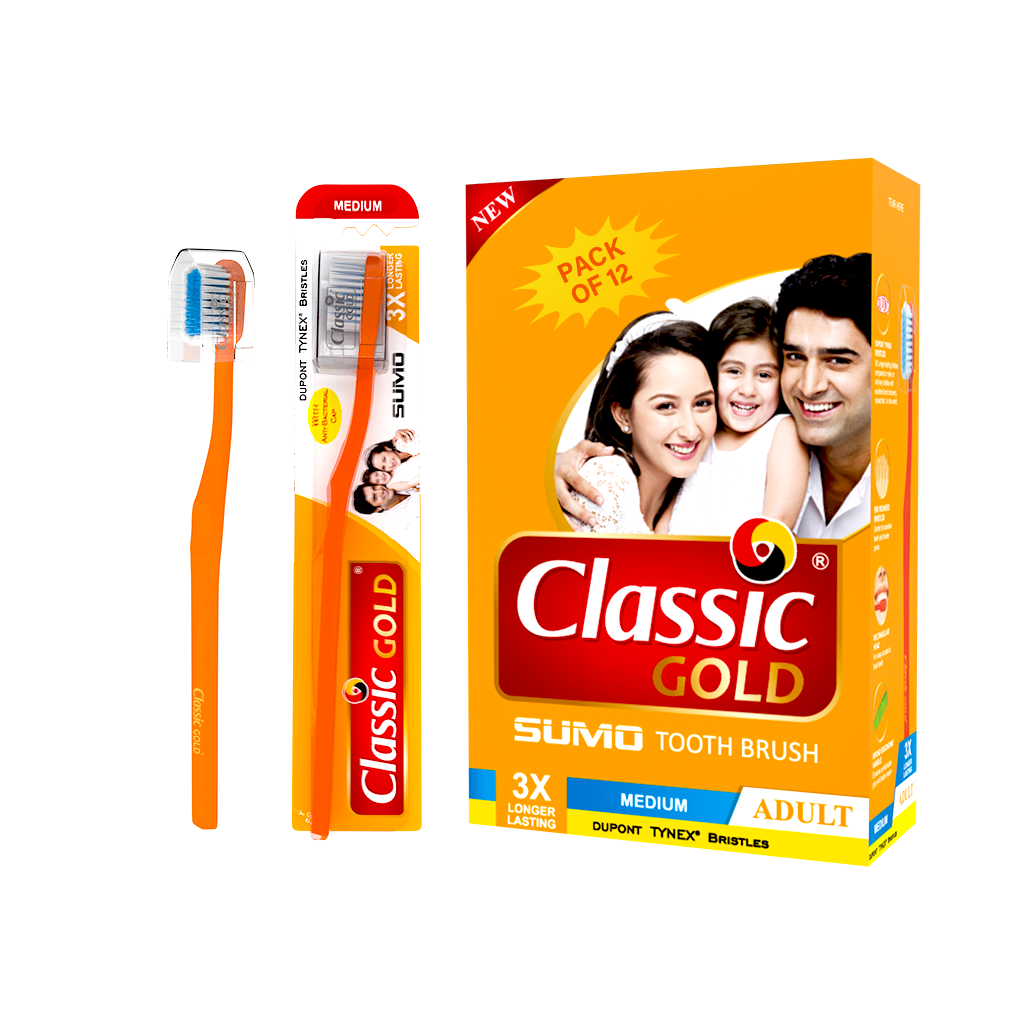 Sumo Medium Manual Toothbrush For Adults With Dupont Tynex Bristles And Anti Bacterial Crystal Clear Cap