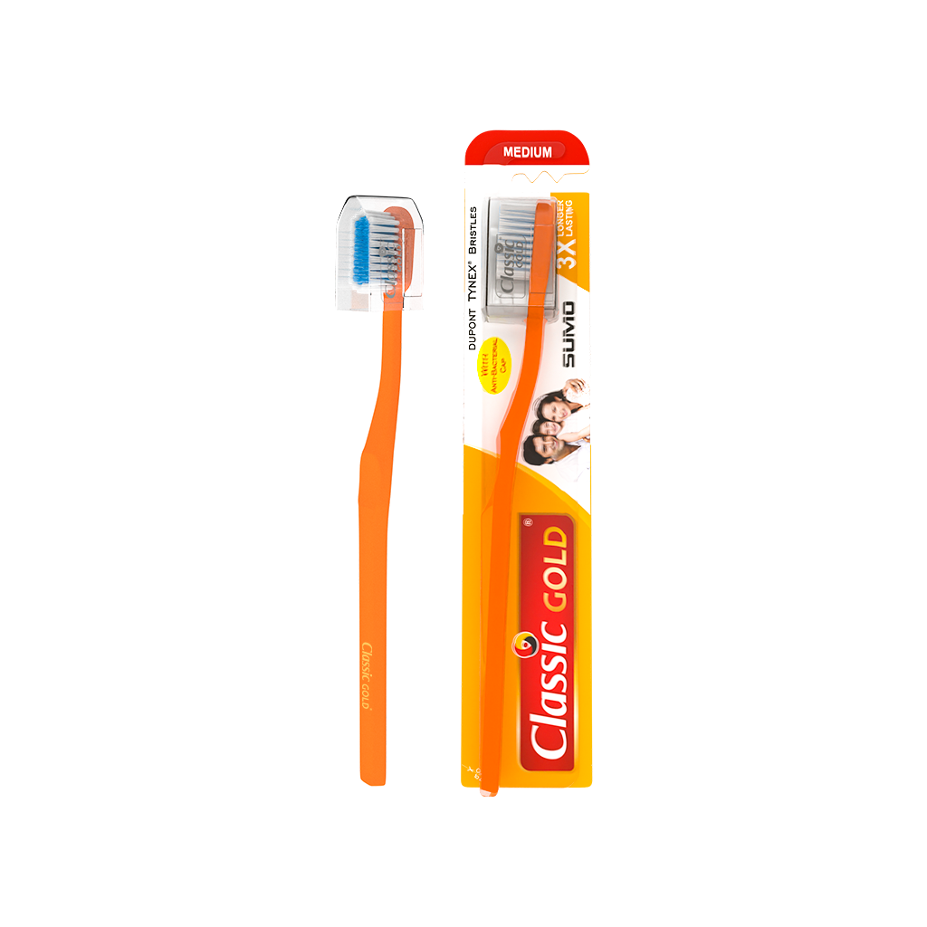 Sumo Medium Manual Toothbrush For Adults With Dupont Tynex Bristles And Anti Bacterial Crystal Clear Cap