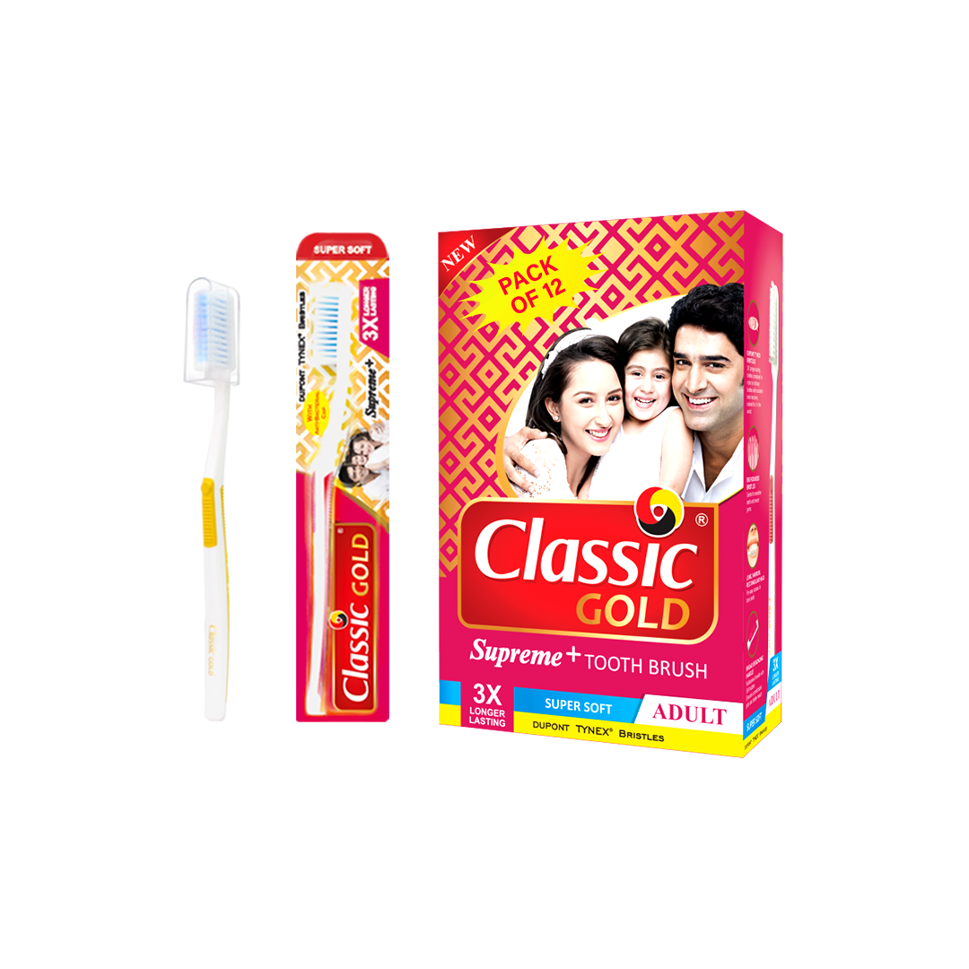 ClassicGold Supreme Plus toothbrushes shown in a dozen box, a pack, and individual pc.