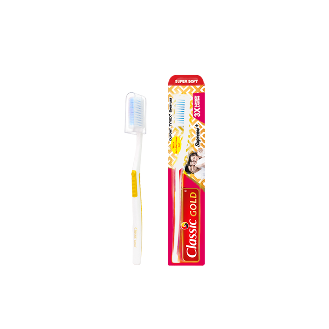 ClassicGold Supreme Plus toothbrushes displayed as individual pieces and in a pack.