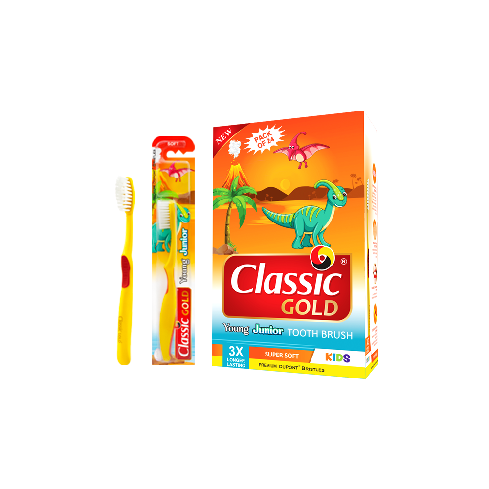 Kids Young Junior Super Soft toothbrush shown in a dozen-box and a single pack, each containing one toothbrush.