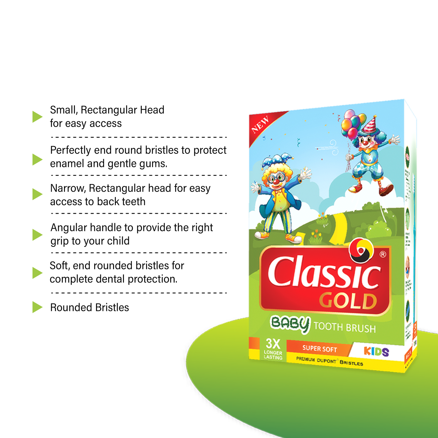 ClassicGold Kids Toothbrush Baby Soft shown in a box of a dozen, featuring a medium-sized, rectangular head, soft bristles, and an ergonomic handle designed for a child's grip.