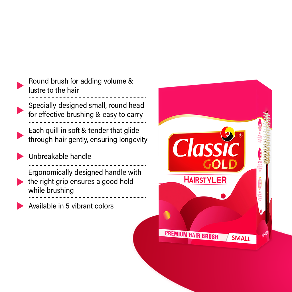 ClassicGold Round Hairbrush displayed with its dozen box packaging. The image highlights the brush's round design, molded unbreakable handle, and five available sizes for added volume and shine. The dozen box pack is neatly arranged, showcasing the brushes inside.