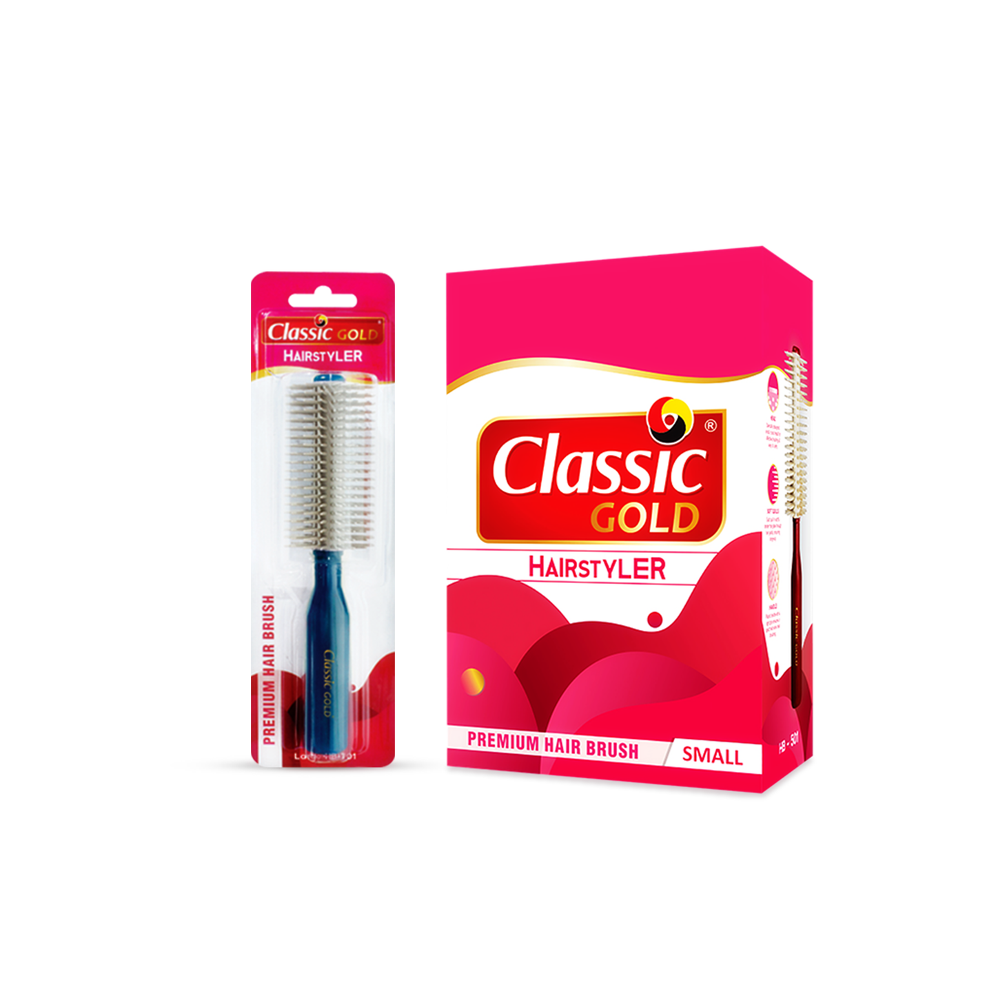 Round hairbrush designed to add volume and shine, featuring a molded unbreakable handle. Available in a set of 5 gripping dozen packs.