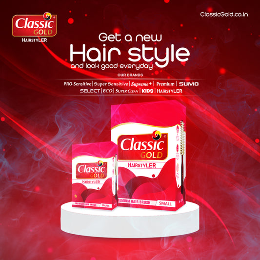 ClassicGold Round Hairbrush highlighting its features: the brush head with soft quills for gentle detangling, and the ergonomic molded unbreakable handle for a comfortable grip. The brush is shown in use, demonstrating its volume-enhancing capabilities.