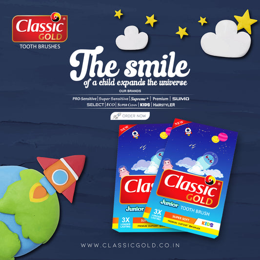 ClassicGold Kids Junior Soft Toothbrush showcasing the toothbrushes with features highlighted: elegant design, soft bristles, and ergonomic handle