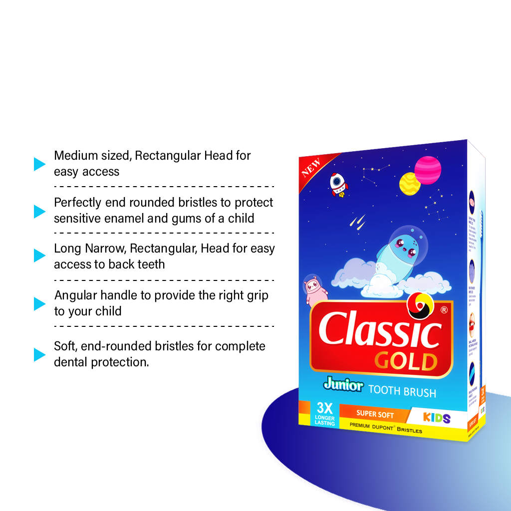 ClassicGold Kids Toothbrush Junior Soft shown in a box of a dozen, highlighting features like a colorful handle and soft bristles for kids.
