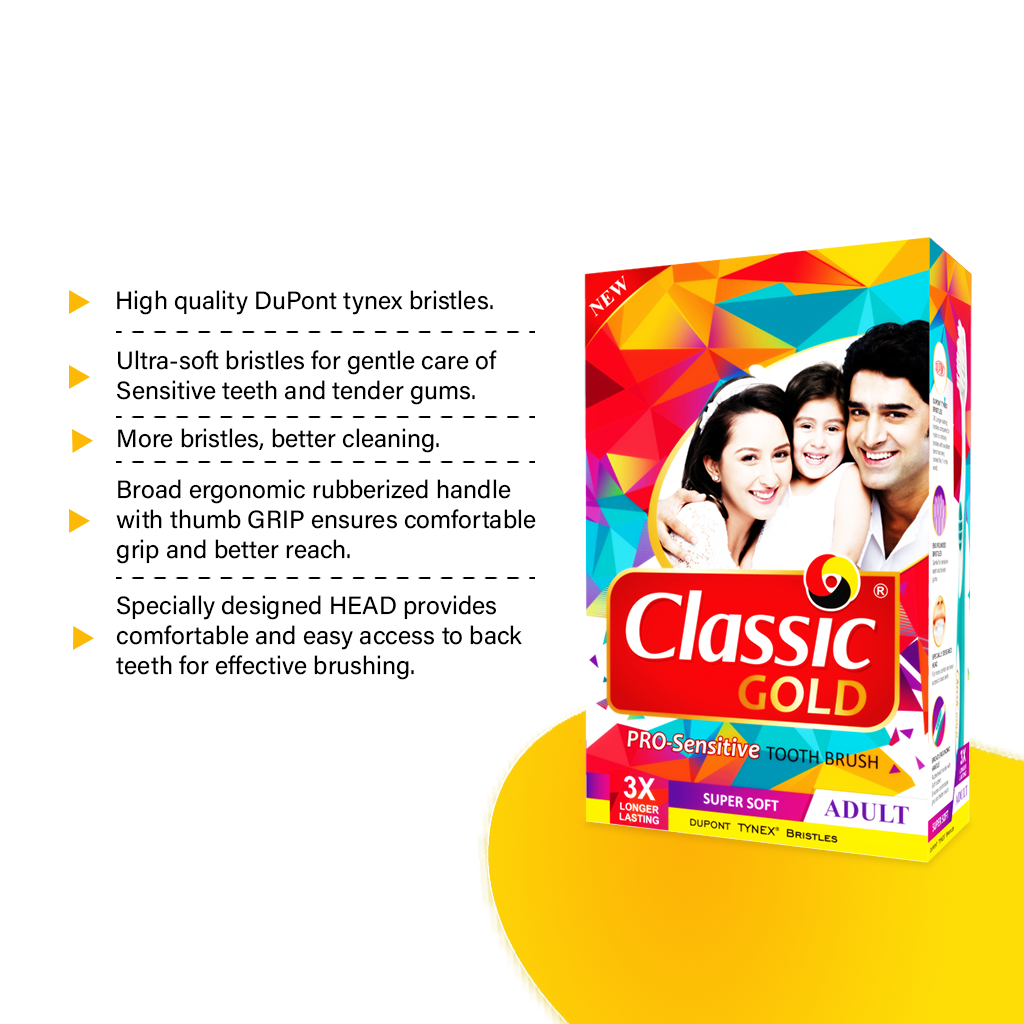 ClassicGold Pro Sensitive Ultra Soft toothbrushes highlighting features: angular handle, soft bristles, compact head, and thumb-rest grip.