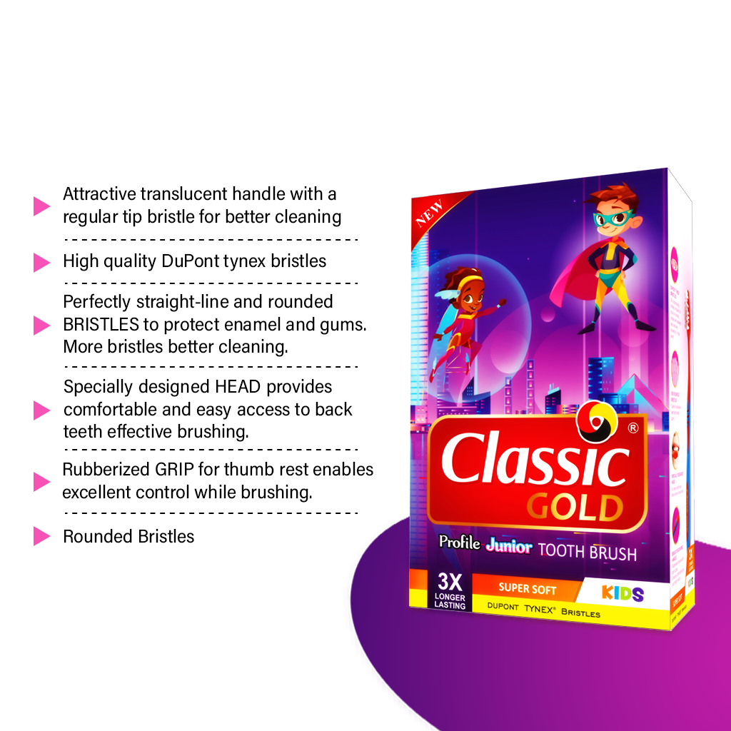 ClassicGold Kids Profile Junior Super Soft toothbrushes highlighting features: angular handle, soft bristles, small head, and thumb-rest grip.