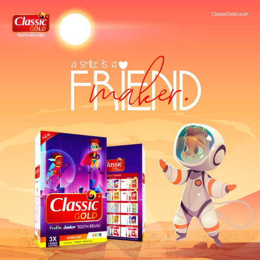 ClassicGold Kids Profile Junior Super Soft toothbrushes featured in a social media post, showcasing their elegant design, soft bristles, and ergonomic handle.