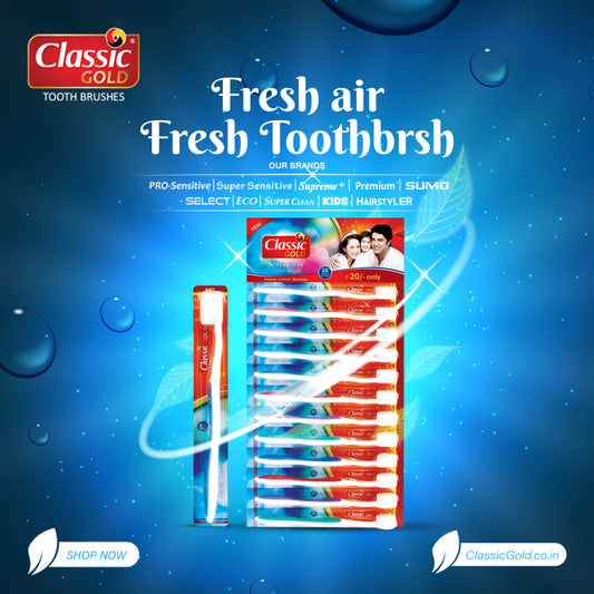 ClassicGold Super Clean toothbrushes featured in a social media post, highlighting their elegant design, soft bristles, and ergonomic handle.