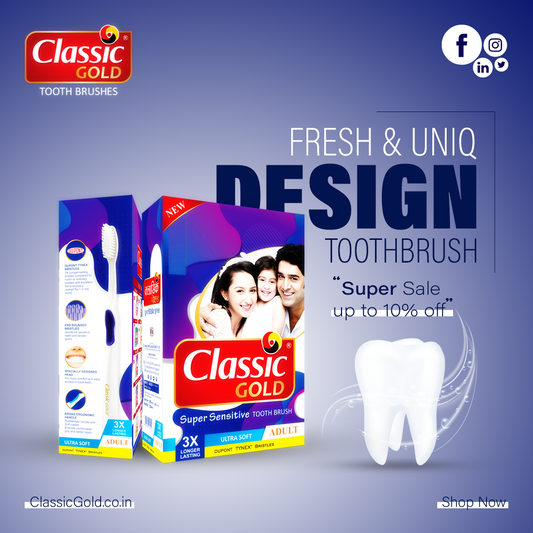 ClassicGold Sensitive Plus Ultra Soft toothbrushes featured in a social media post, highlighting their elegant design, soft bristles, and ergonomic handle.