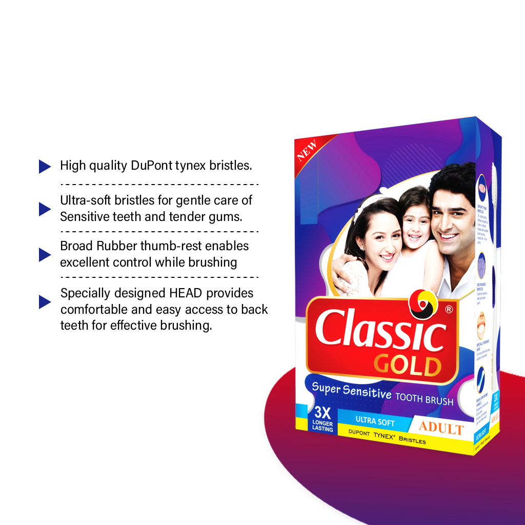 ClassicGold Sensitive Plus Ultra Soft toothbrushes highlighting features: angular handle, soft bristles, compact head, and thumb-rest grip.