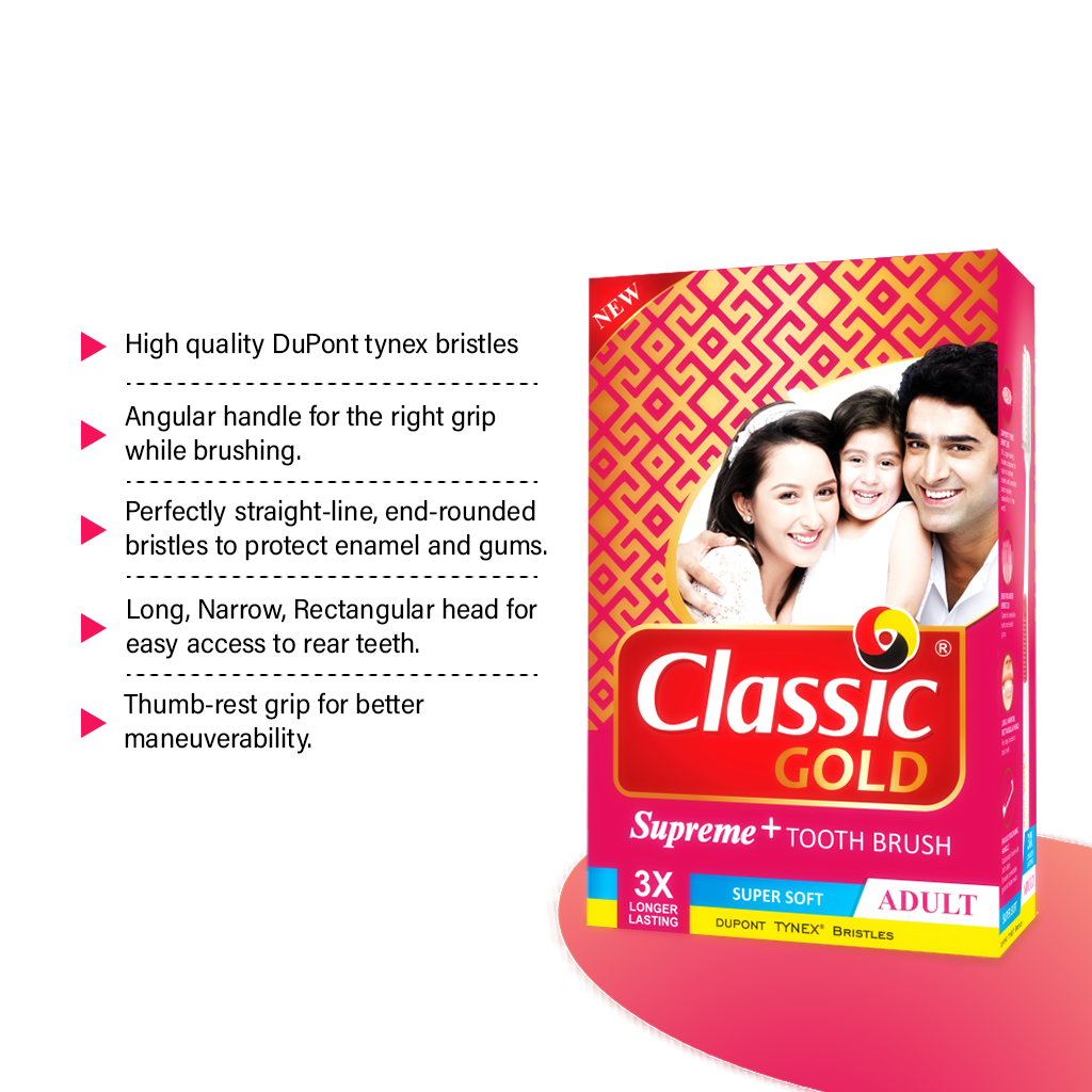 ClassicGold Supreme Plus toothbrush highlighting features: angular handle, bristles, head, and thumb-rest grip.