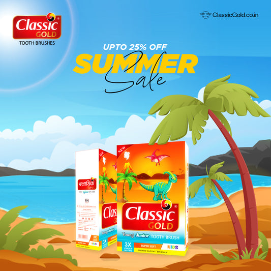 Classic Gold social media post featuring a multicolor toothbrush with kids dental perforation and an ergonomic handle.