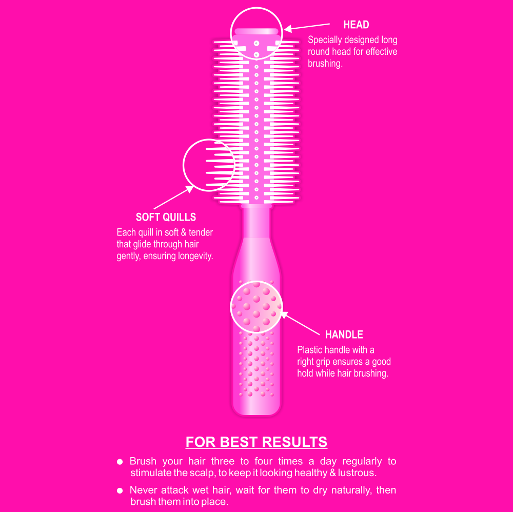 Close-up of ClassicGold Round Hairbrush highlighting its features. The brush head is shown with soft quills designed for gentle detangling and added shine. The molded unbreakable handle is also visible, emphasizing its ergonomic design for comfortable grip.