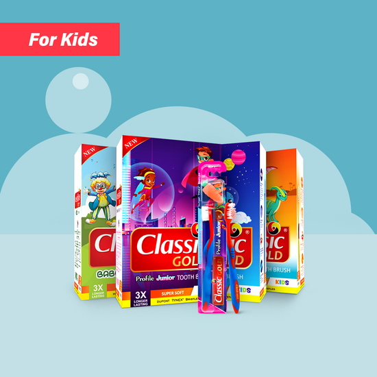 Toothbrushes for kids and babies, featuring ultra soft bristles and small heads for better cleaning.