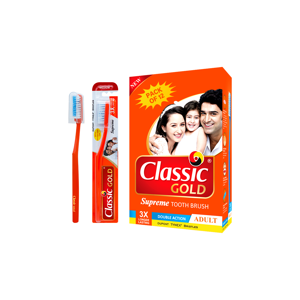 Classic GOLD Supreme Toothbrush Pack Of 12 With Crystal Clear Anti-Bacterial Cap