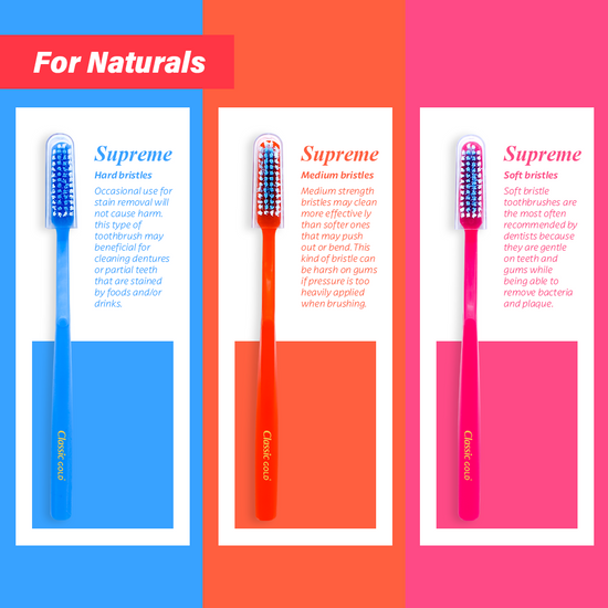 Toothbrushes with hard, medium, and soft bristles for varying levels of cleaning intensity.