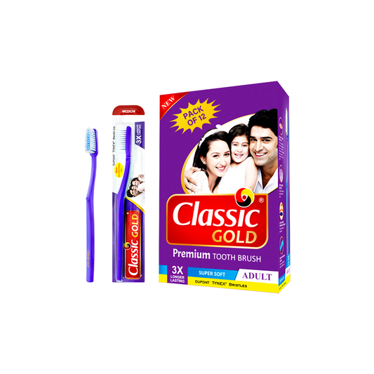 Classic GOLD Premium Toothbrushes Pack Of 12 With Premium Medium Dupont Tynex Bristles And Also With Anti Bacterial Cap