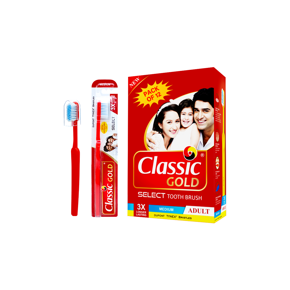 Classic Gold Select Medium Toothbrushes Pack Of 12 With Anti Bacterial Crystal Clear Cap And Also With Premium Dupont Bristles