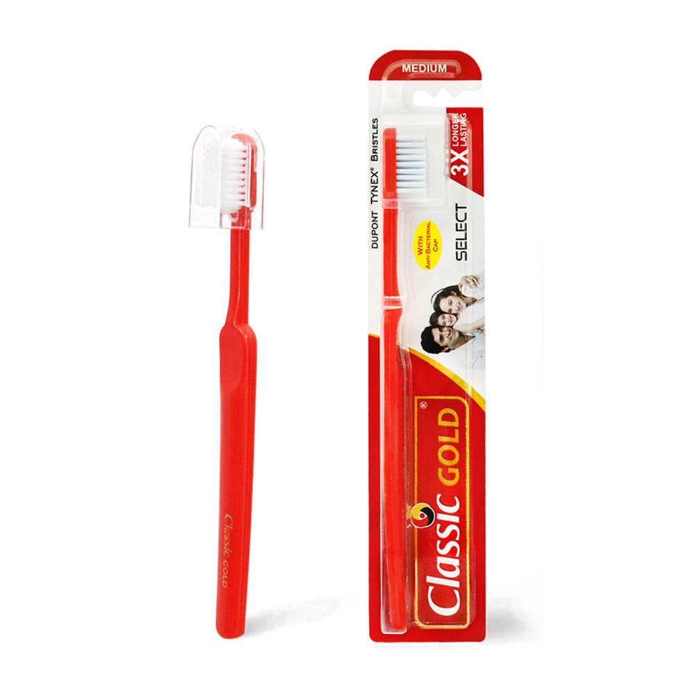 Classic Gold Select Medium Toothbrushes Pack Of 12 With Anti Bacterial Crystal Clear Cap And Also With Premium Dupont Bristles