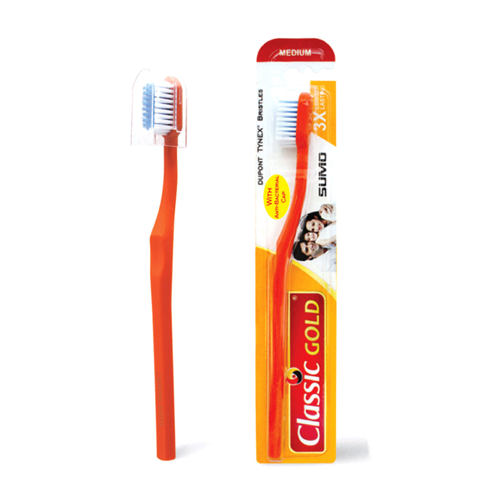 Classic Gold Sumo Medium Toothbrushes Pack Of 12 With Anti Bacterial Crystal Clear Cap And Also With Premium Dupont Bristles