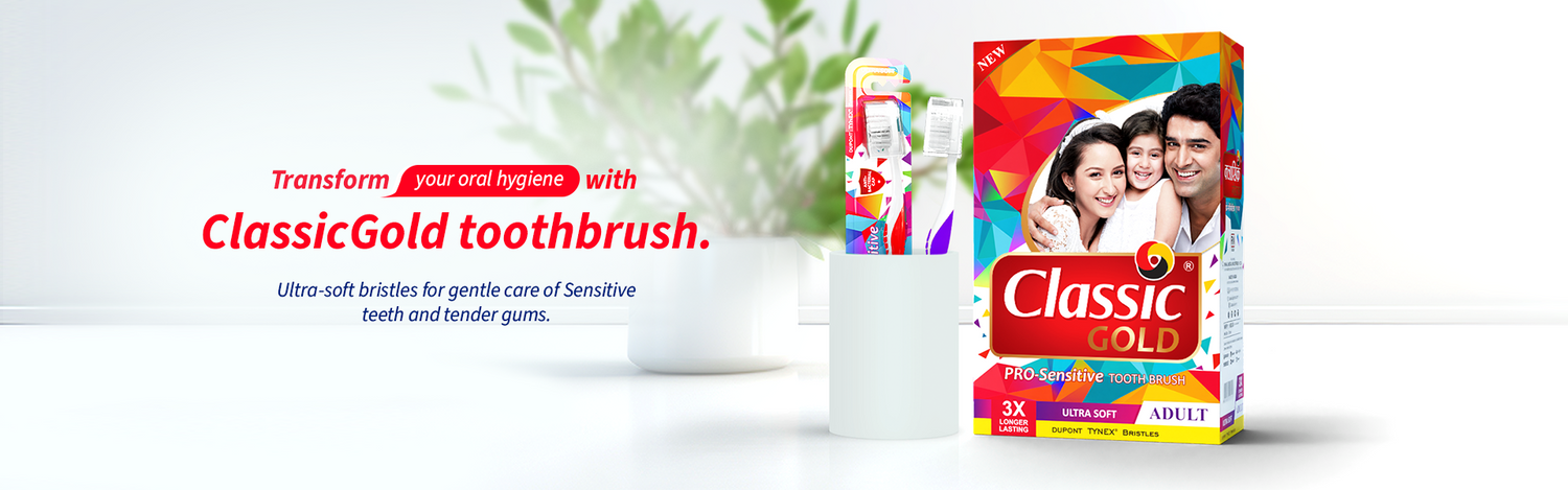 ClassicGold sensitive toothbrush offer banner highlighting our products and key brand features.