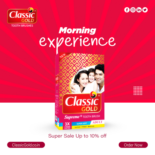 ClassicGold social media post showcasing the toothbrushes with features highlighted: elegant design, bristles, and ergonomic handle.